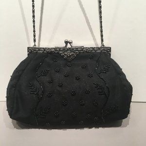VINTAGE BLACK SILK BEADED BAG PEWTER PURSE FRAME